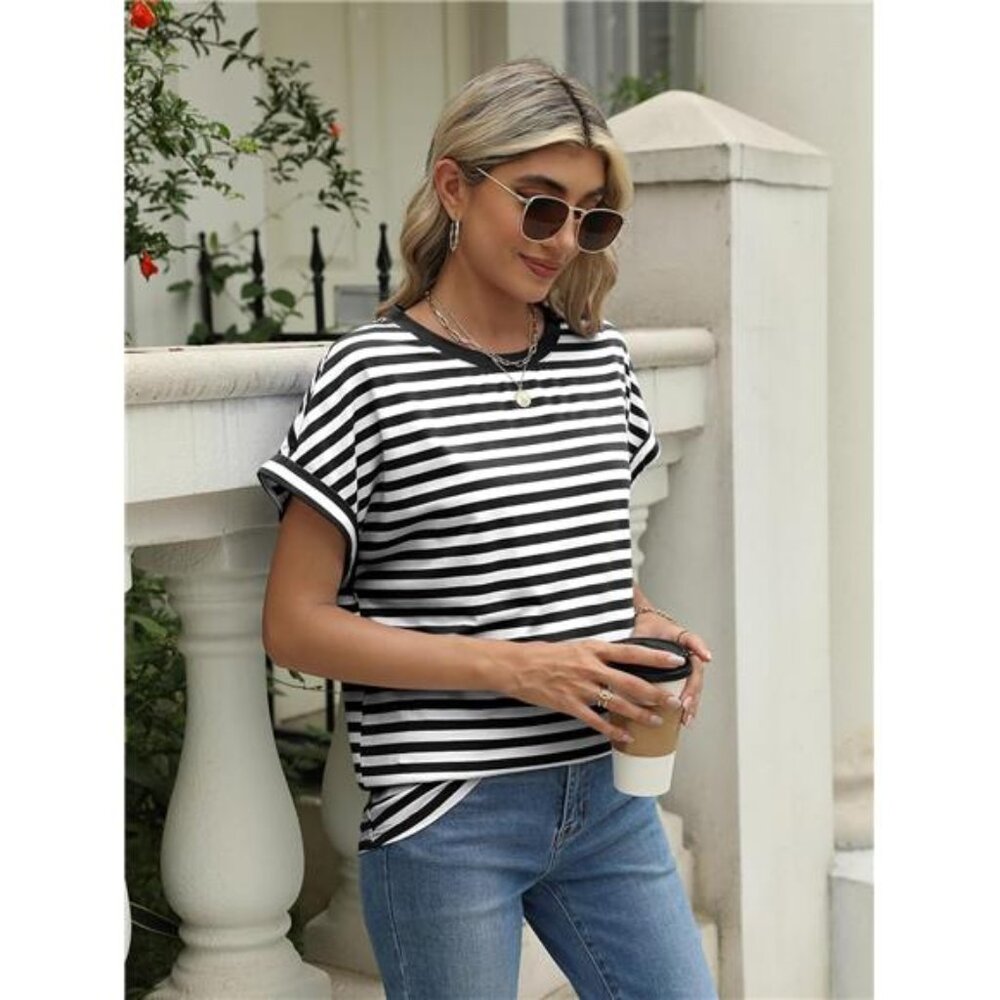 Womens Summer Tops Outfits Spring Casual Dressy T Shirts Workout B&W Striped - Picture 4 of 6